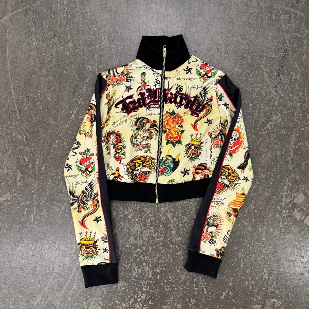 Ed Hardy Track Jacket Womens Small Cream New Cropped Tattoo Print Y2K Zip Up